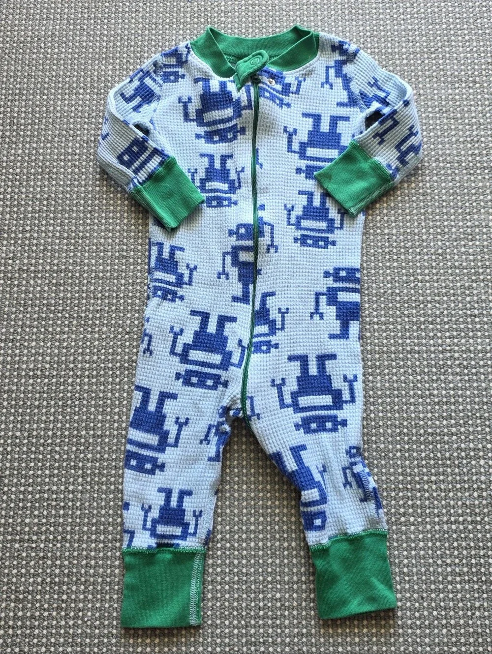 Hanna Andersson Light Blue Robot Print Footie with Green Trim